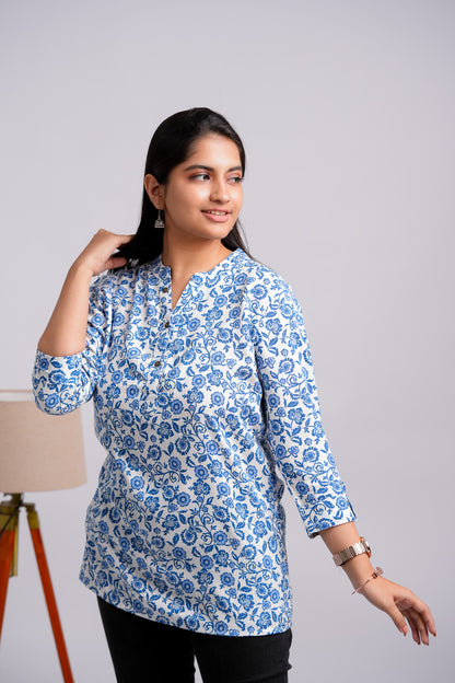 PRATVI-WHITE AND DARK BLUE RAYON TUNIC