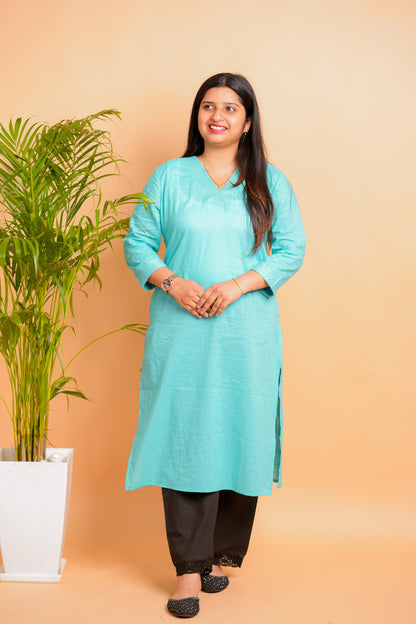 KESA- AQUA BLUE V-NECK KURTA
