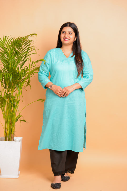 KESA- AQUA BLUE V-NECK KURTA