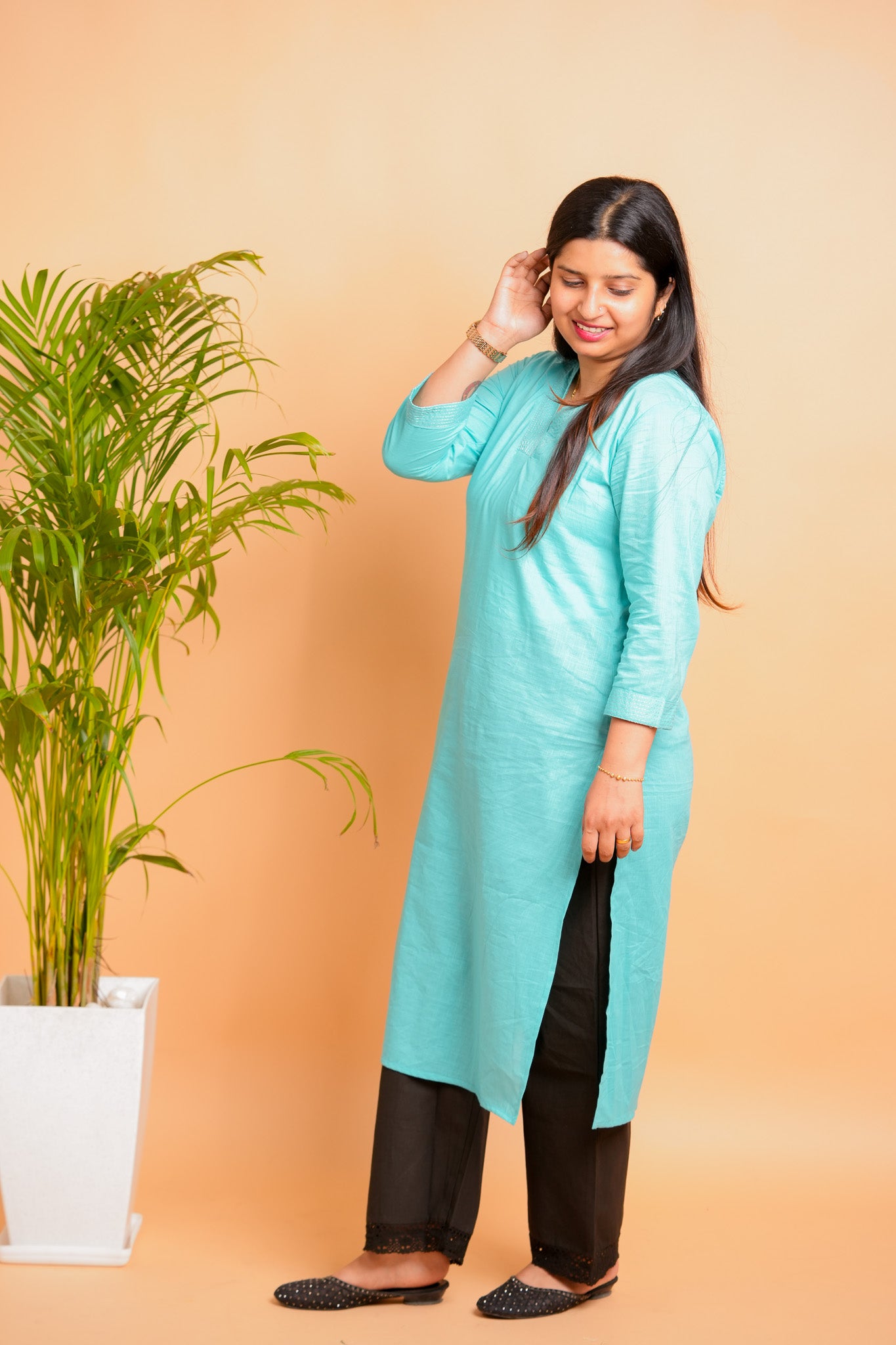 KESA- AQUA BLUE V-NECK KURTA