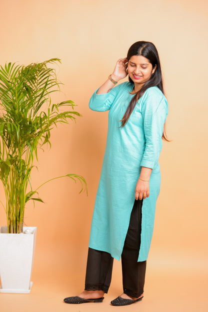 KESA- AQUA BLUE V-NECK KURTA