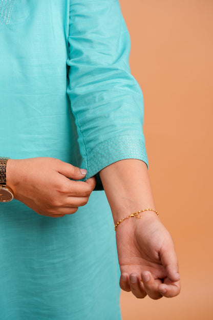 KESA- AQUA BLUE V-NECK KURTA