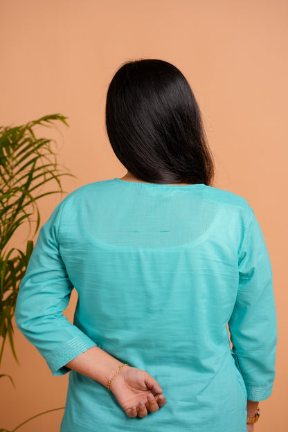 KESA- AQUA BLUE V-NECK KURTA