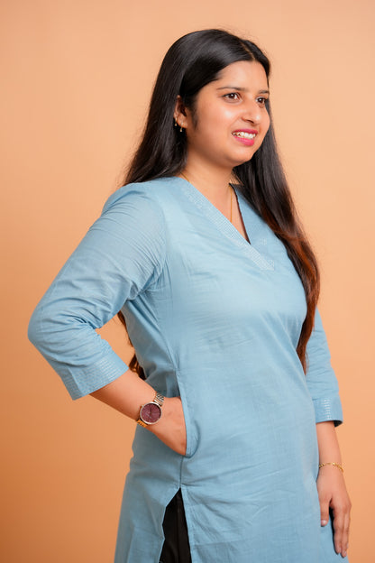 KAPI- POWDER BLUE V-NECK KURTA
