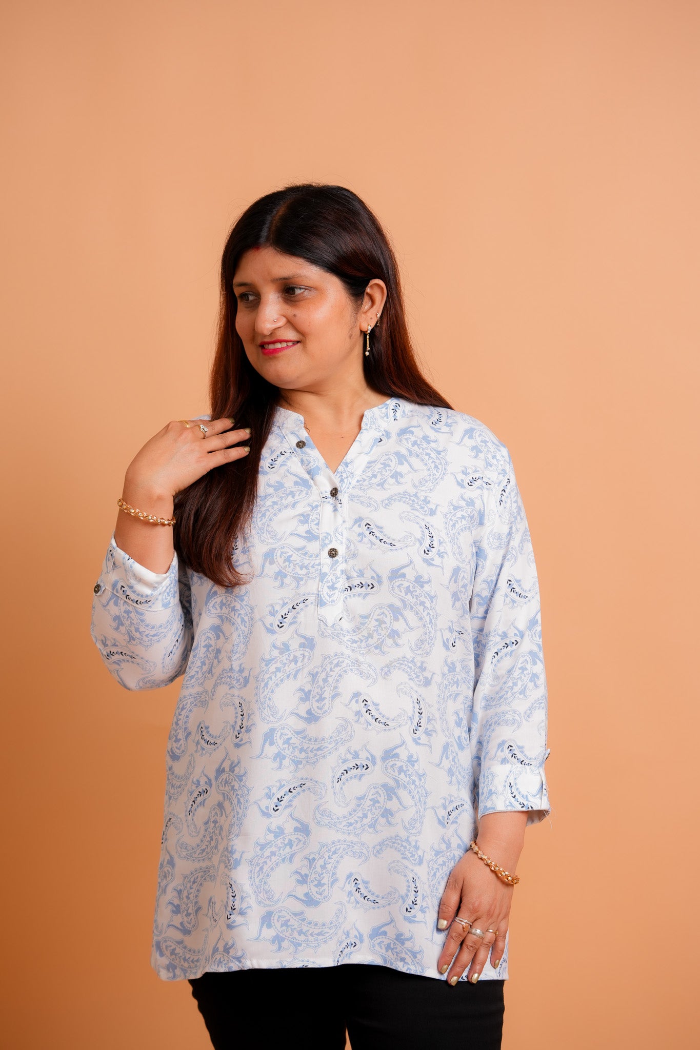 PRAKHYA- WHITE AND BLUE  RAYON TUNIC