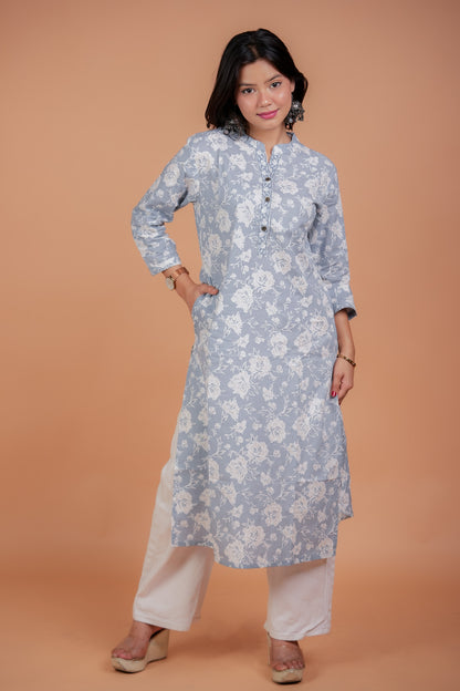 Kaalika-Grey with white flower print kurta