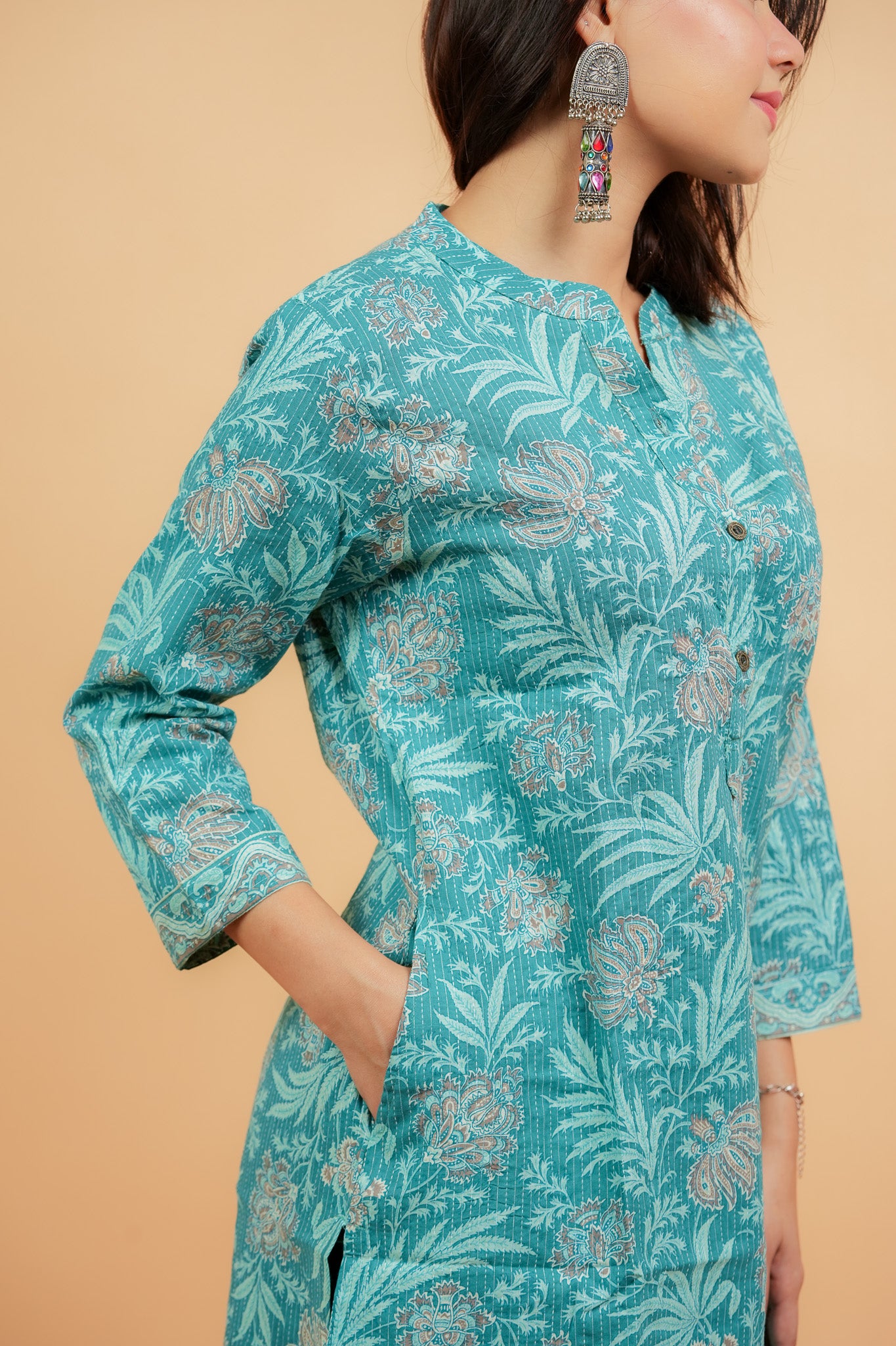 KAALI - SEA GREEN COTTON KATHA KURTA