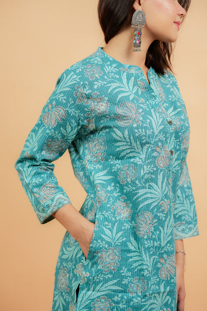 KAALI - SEA GREEN COTTON KATHA KURTA