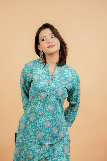 KAALI - SEA GREEN COTTON KATHA KURTA