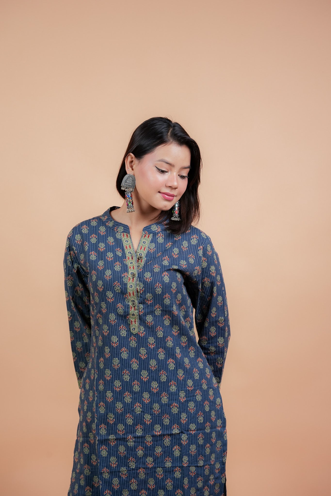 KAAMADA- NAVY COTTON KATHA KURTA