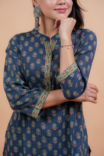 KAAMADA- NAVY COTTON KATHA KURTA