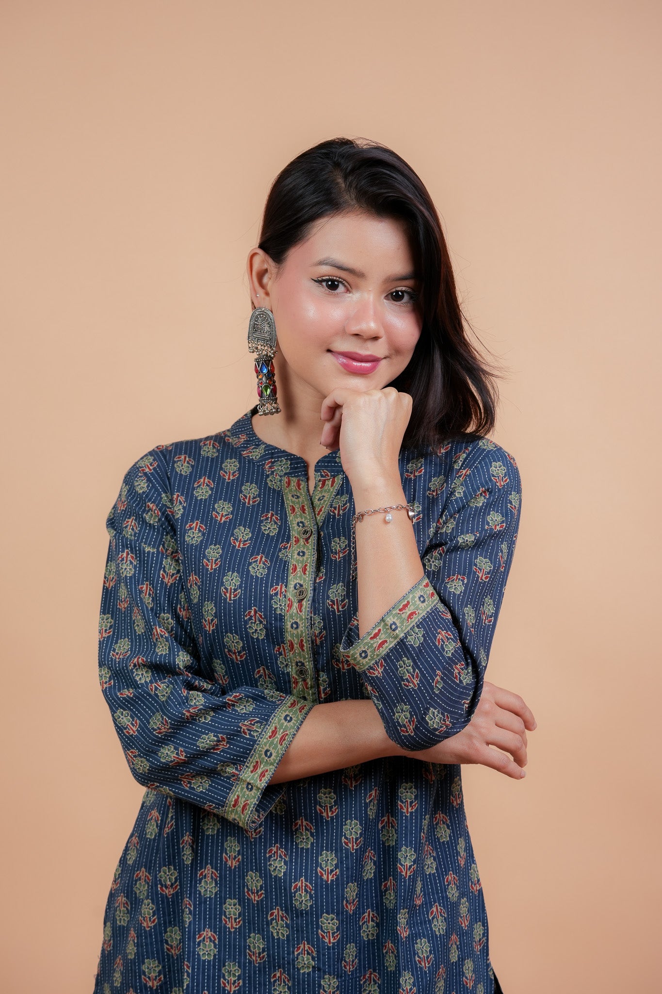 KAAMADA- NAVY COTTON KATHA KURTA