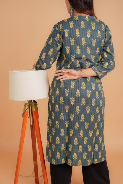 Kaamana-Teal cotton katha with yellow booti straight kurta