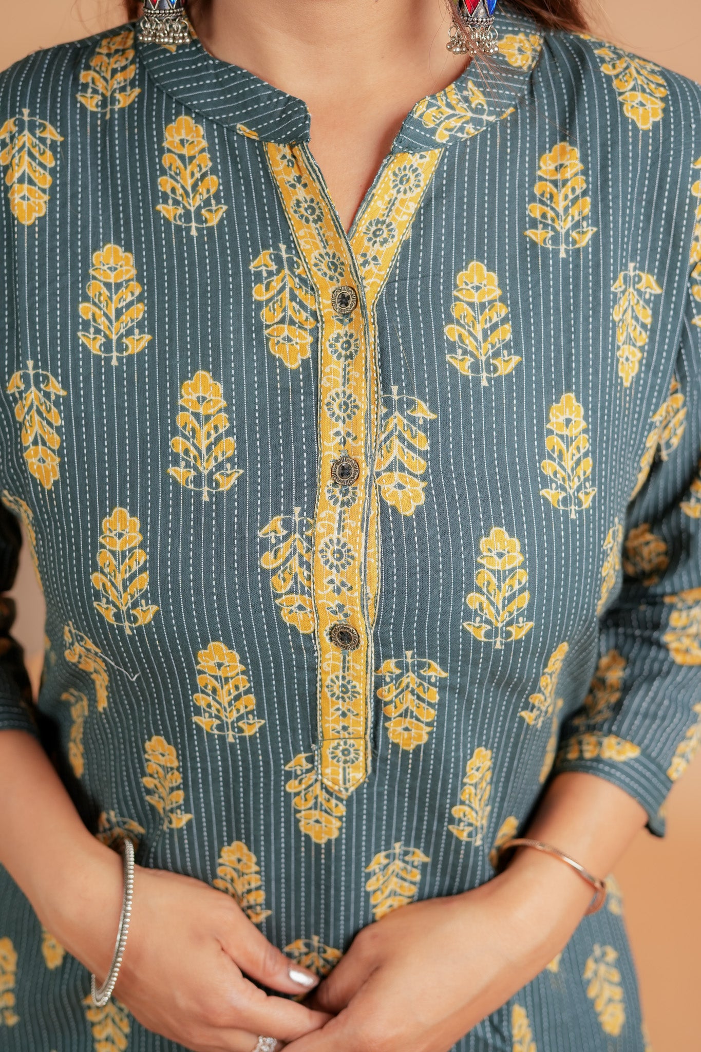 Kaamana-Teal cotton katha with yellow booti straight kurta