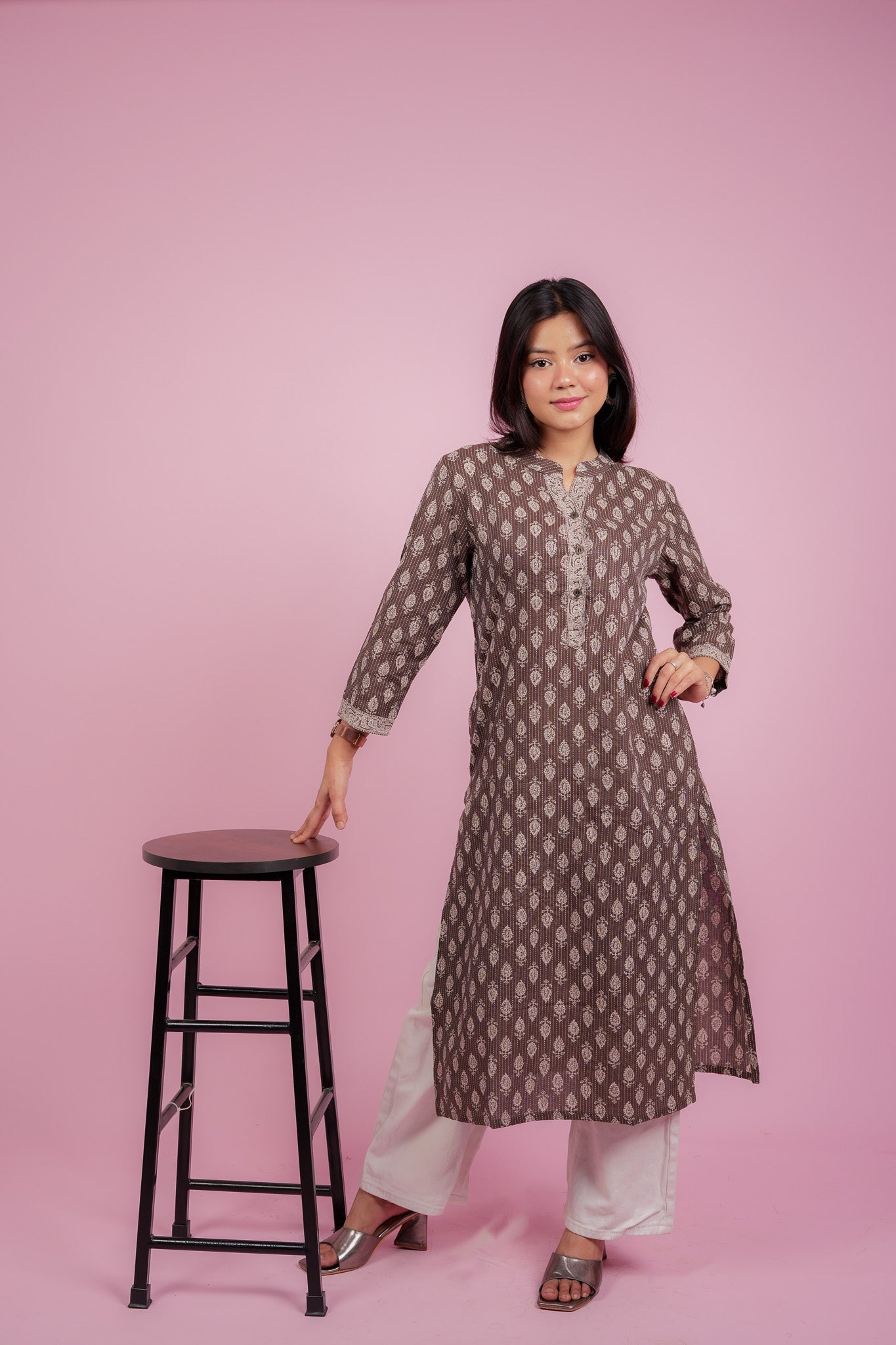 KAAMA-BROWN COTTON KATHA KURTA
