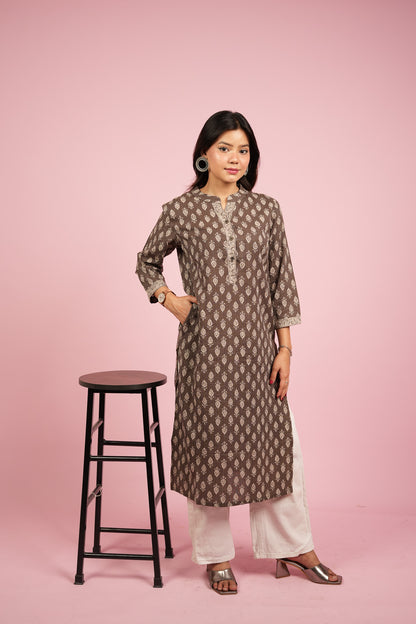KAAMA-BROWN COTTON KATHA KURTA