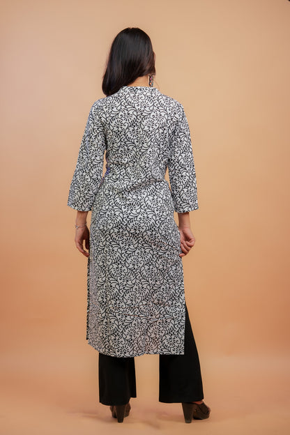 Kaamya-White and black print straight kurta with mandarin neck