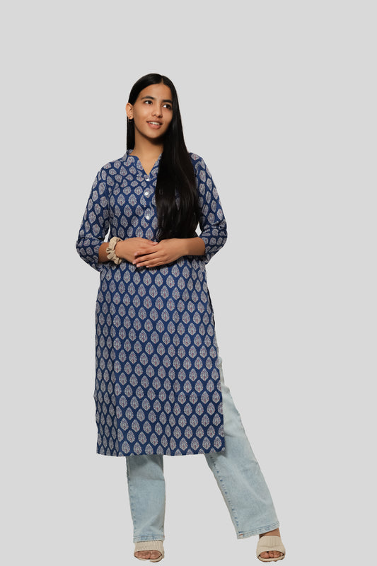 Kakshi-Navy Cotton mandarin collar straight kurta