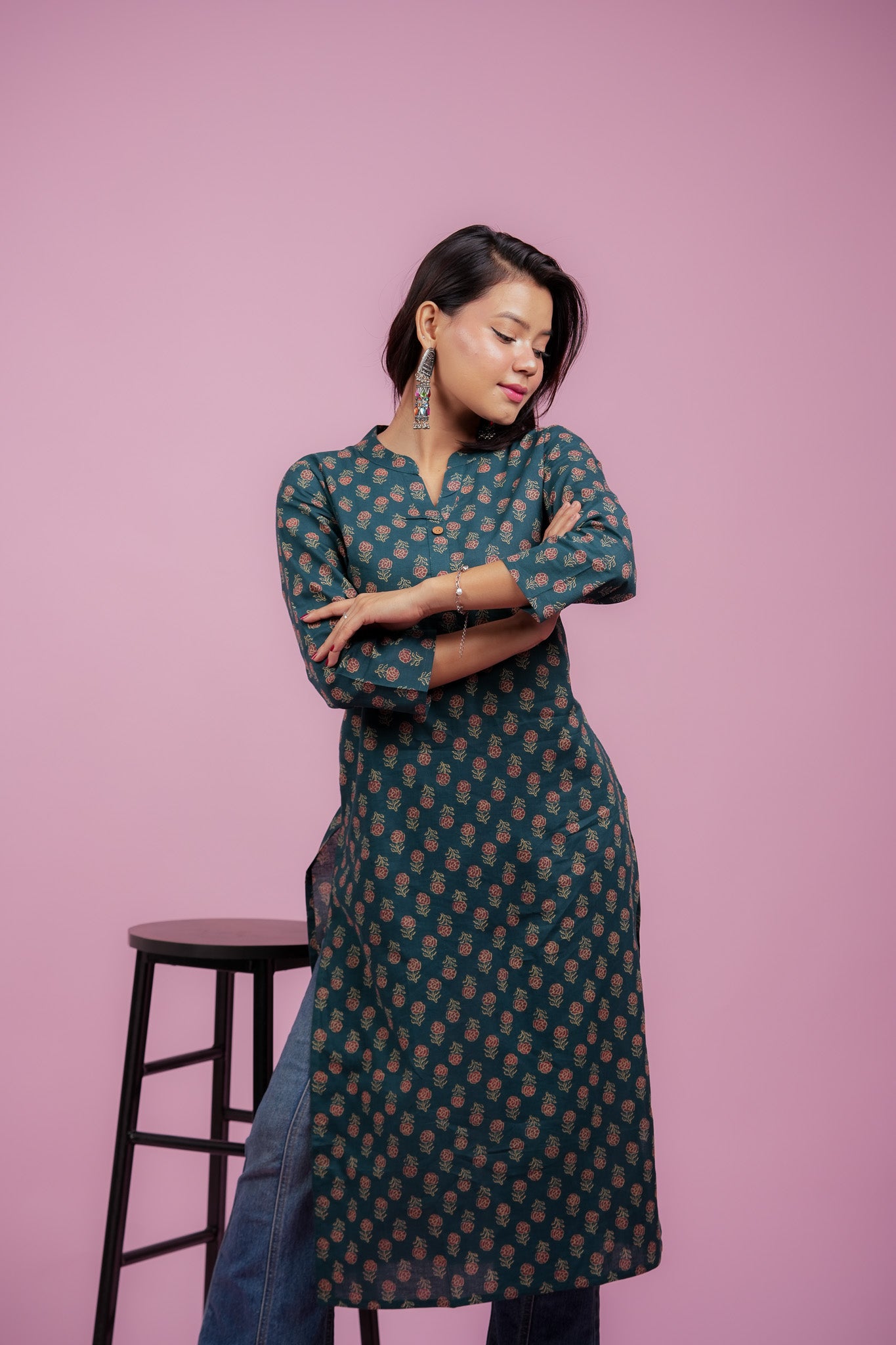 Kallola-Mandarin neck blue cotton kurta