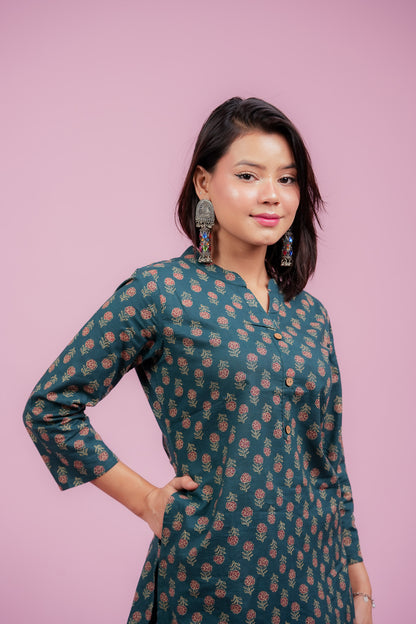 Kallola-Mandarin neck blue cotton kurta