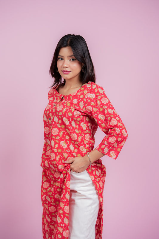 KARTHIKA- RED COTTON KURTA WITH BOTANICAL PRINT