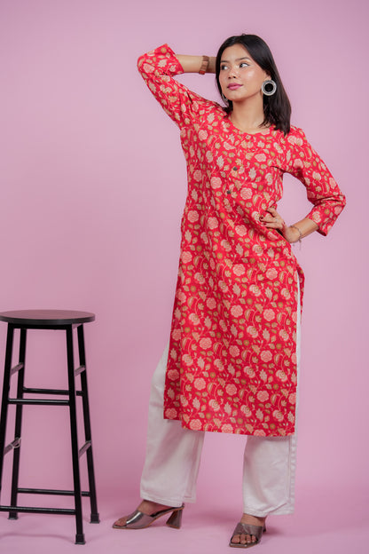 KARTHIKA- RED COTTON KURTA WITH BOTANICAL PRINT