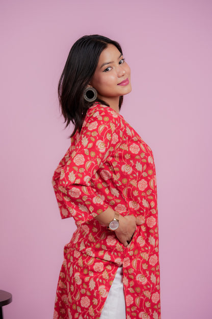 KARTHIKA- RED COTTON KURTA WITH BOTANICAL PRINT