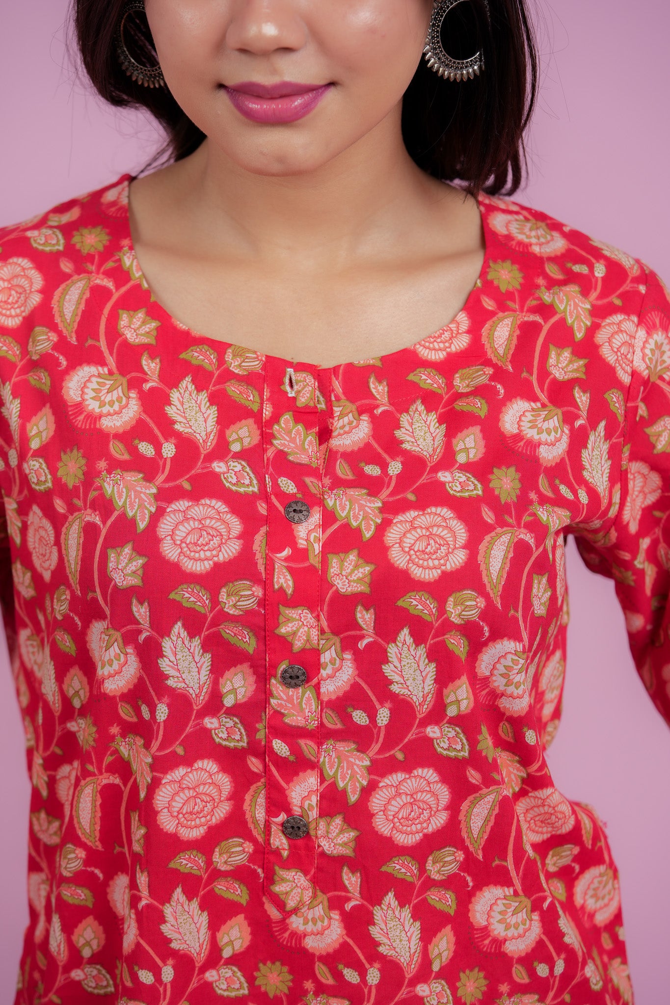 KARTHIKA- RED COTTON KURTA WITH BOTANICAL PRINT