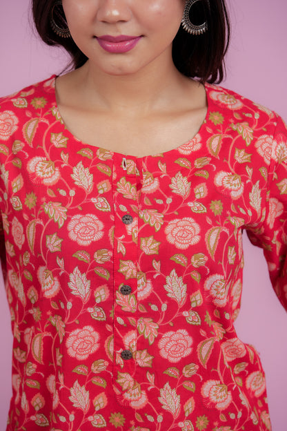 KARTHIKA- RED COTTON KURTA WITH BOTANICAL PRINT