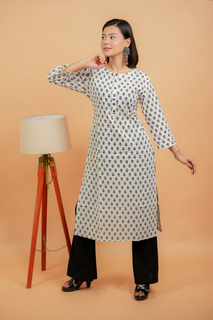 Kashi-White with small black butti cotton kurta