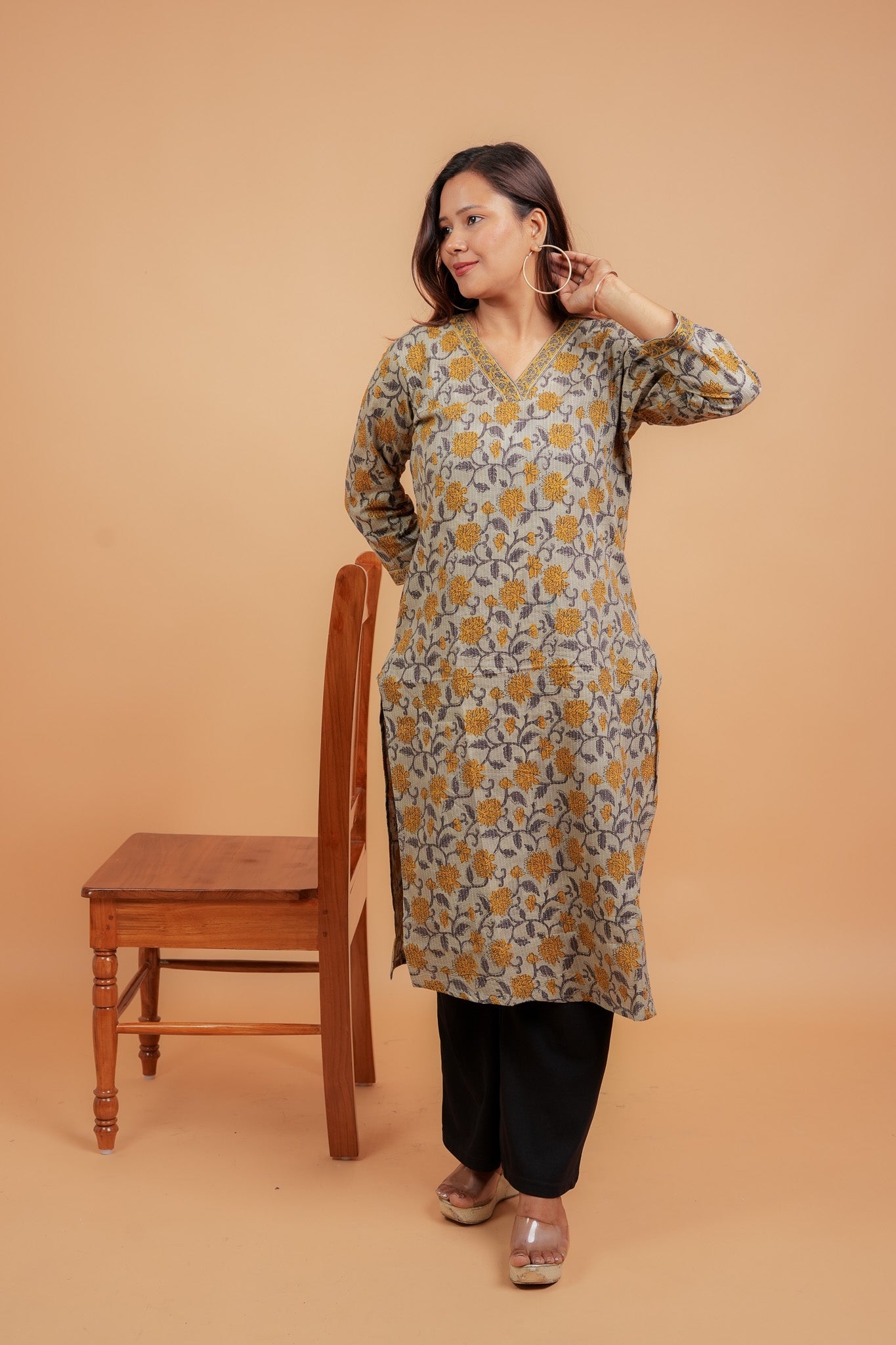 KAVERI - BEIGE AND MUSTARD COTTON KATHA KURTA