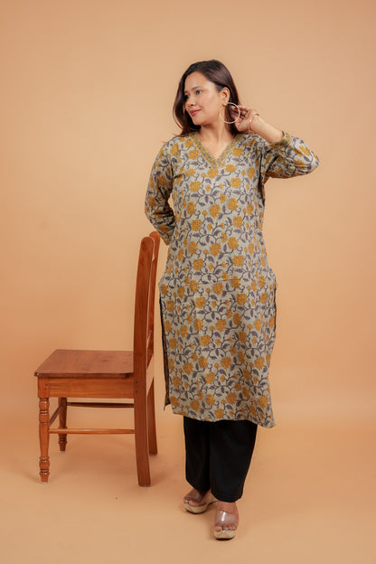 KAVERI - BEIGE AND MUSTARD COTTON KATHA KURTA