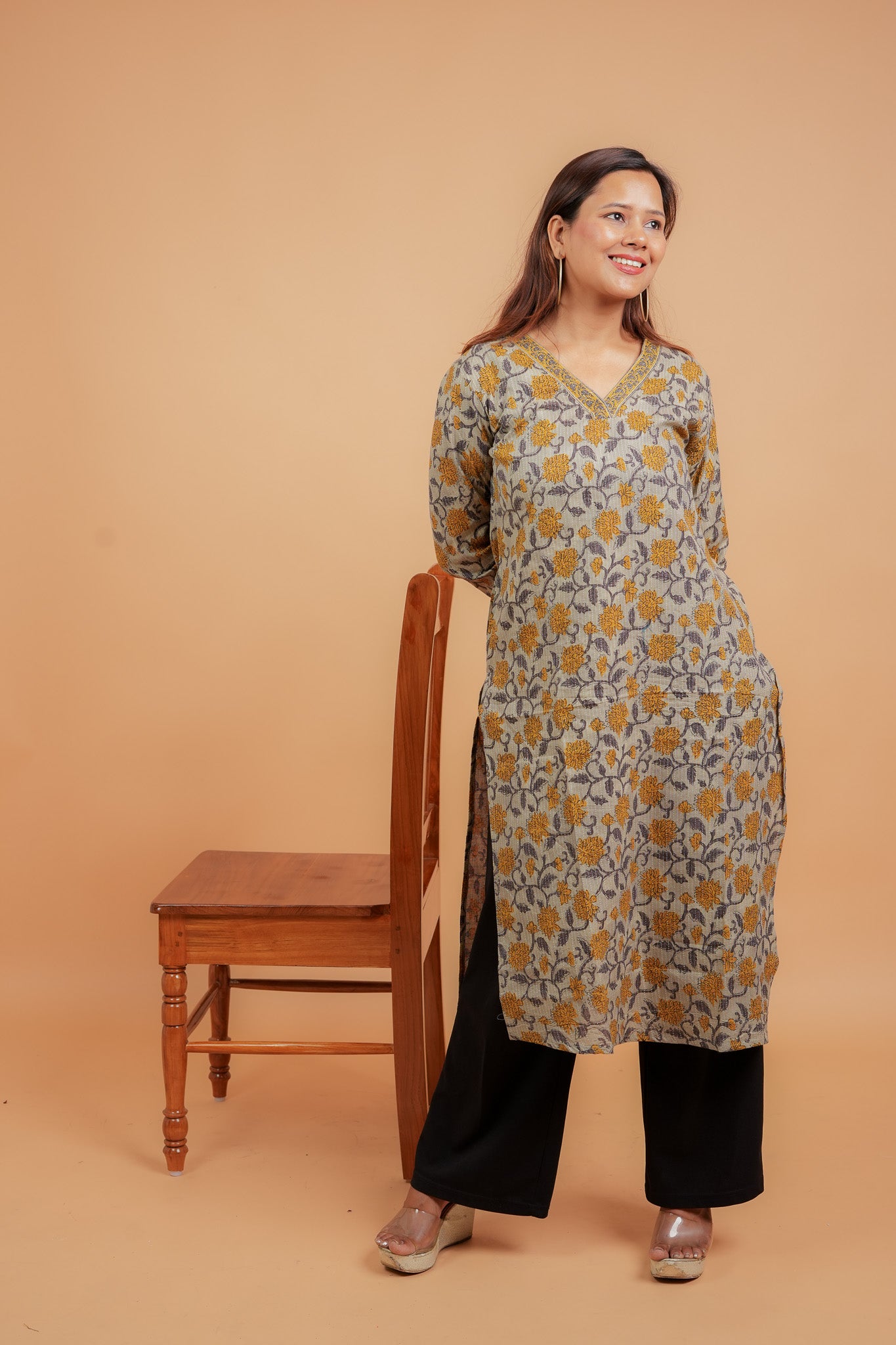 KAVERI - BEIGE AND MUSTARD COTTON KATHA KURTA
