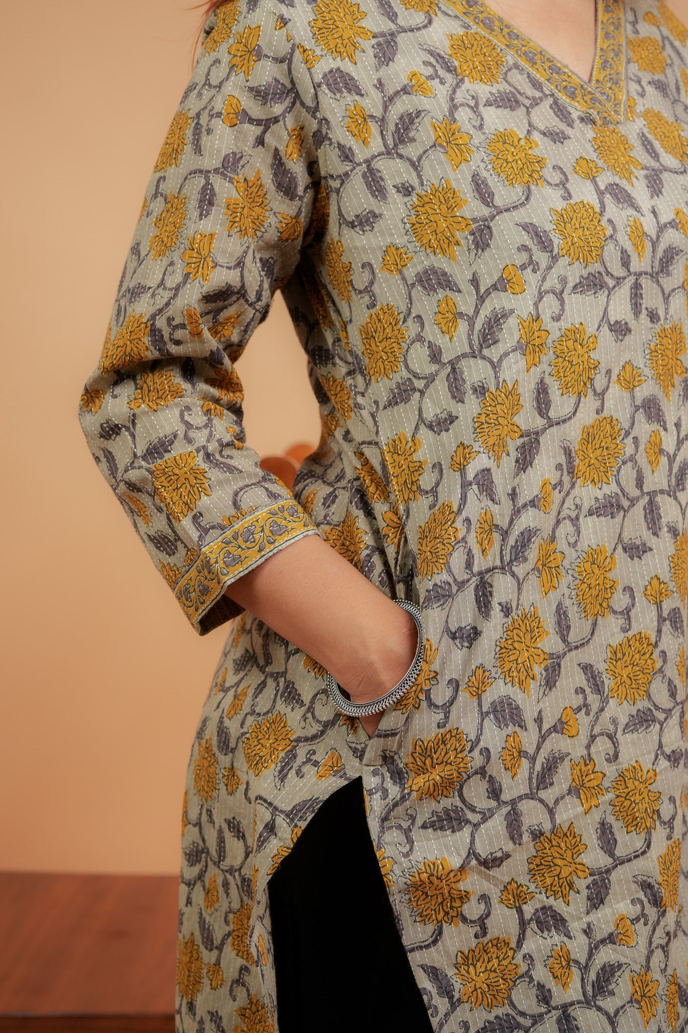 KAVERI - BEIGE AND MUSTARD COTTON KATHA KURTA