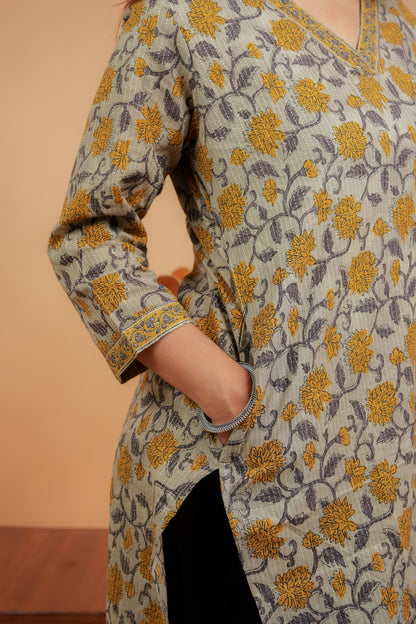 KAVERI - BEIGE AND MUSTARD COTTON KATHA KURTA