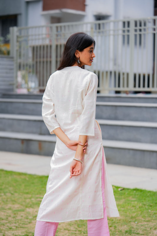 LAJILA - HANDLOOM WHITE AND PINK KURTA PANT