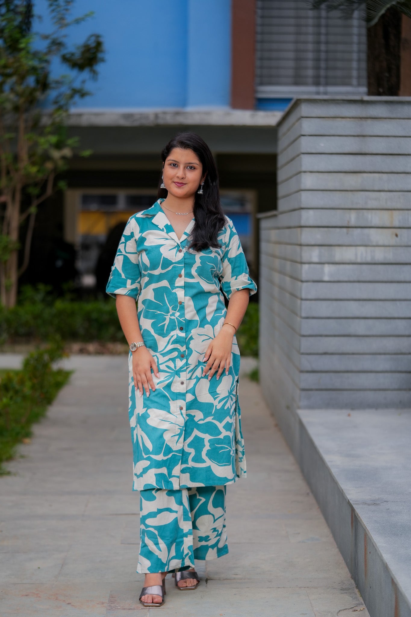 LISHA- TURQUOISE COLOUR CO-ORD SET WITH BAND COLLAR