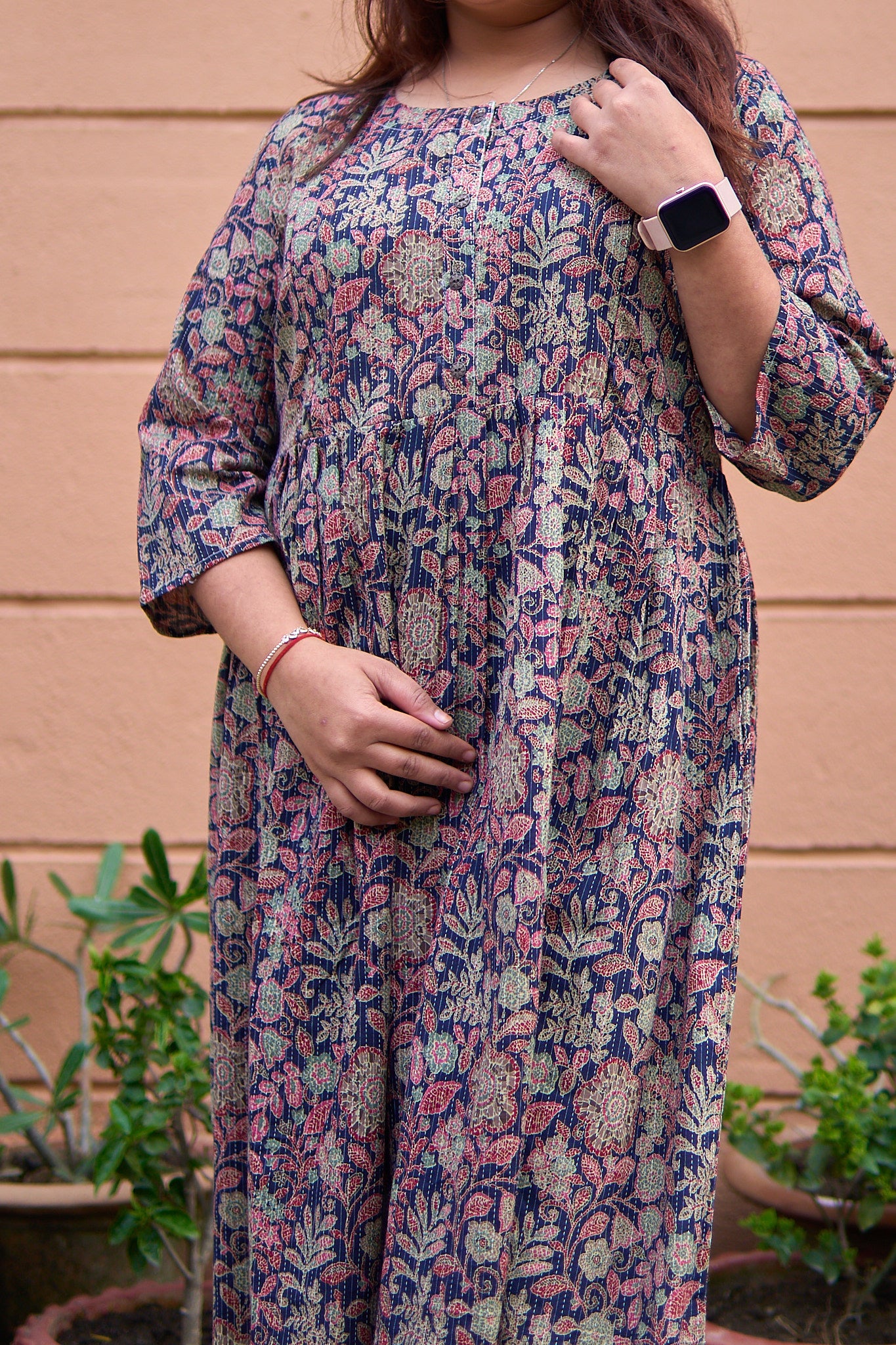 Maalavi-Navy cotton katha flower print maternity and nursing kurta