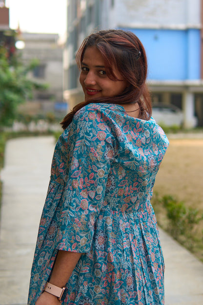 Maalini-Cotton Zaded blue maternity and nursing kurta