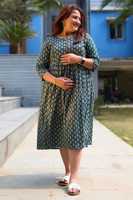 Maanavi-Teal cotton katha maternity and nursing kurta
