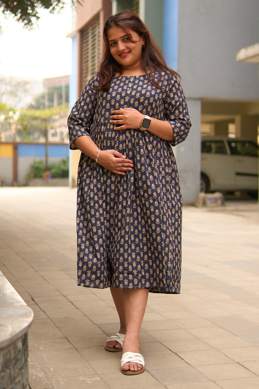 Maaya-Navy blue cotton katha maternity and feeding kurta