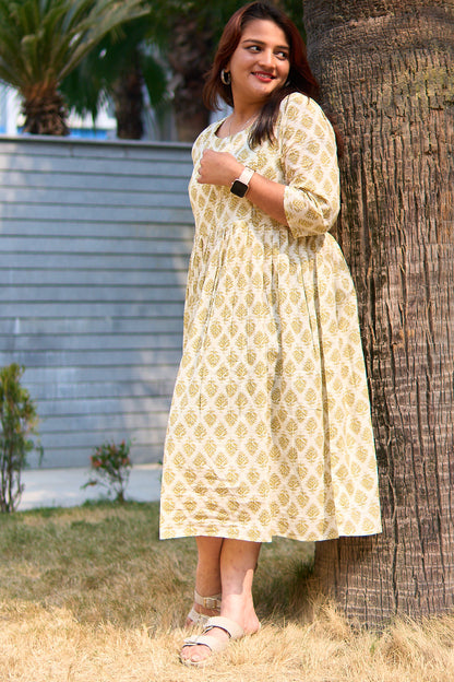 Madhuli-Cream and yellow cotton booti maternity and nursing kurta