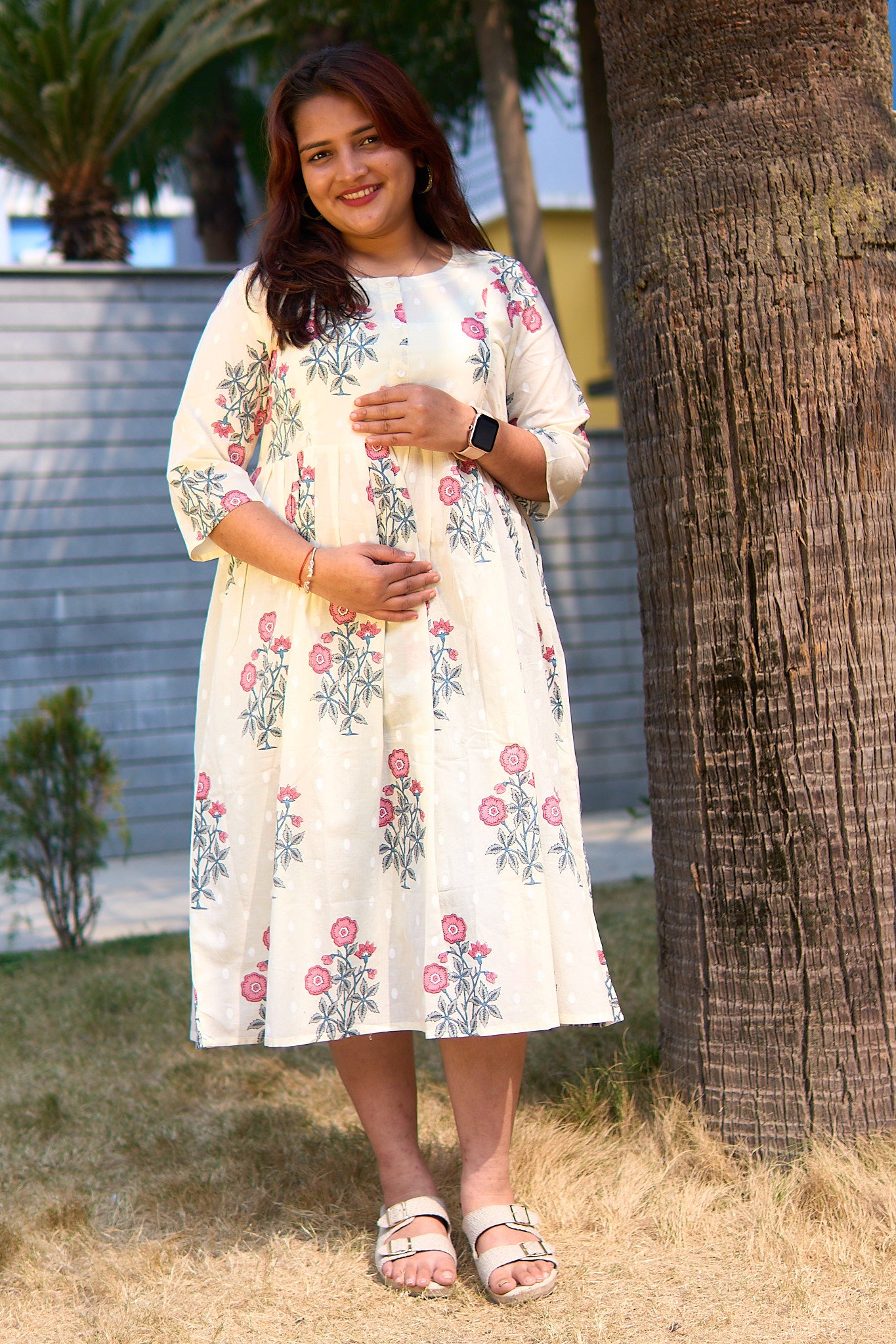 Mahira-Cream and big pink booti maternity and nursing kurta