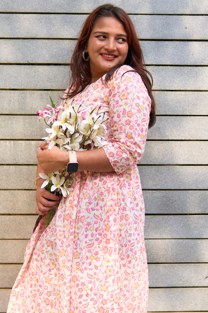 Malada-Cream and pink jaal print  maternity and nursing kurta