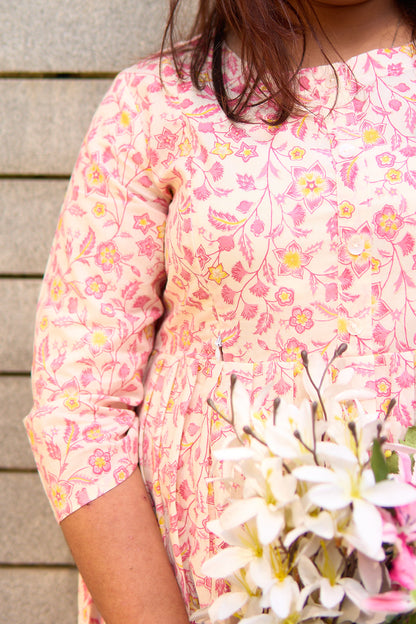 Malada-Cream and pink jaal print  maternity and nursing kurta