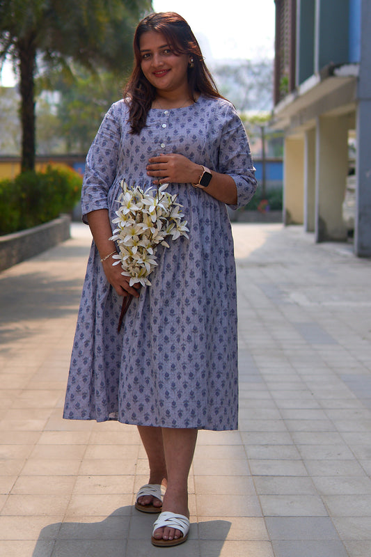Malaka-Grey and blue booti katha cotton maternity and nursing kurta