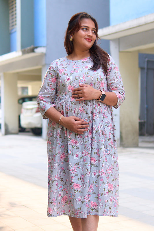 Malishka-Grey and pink flower print maternity and nursing kurta