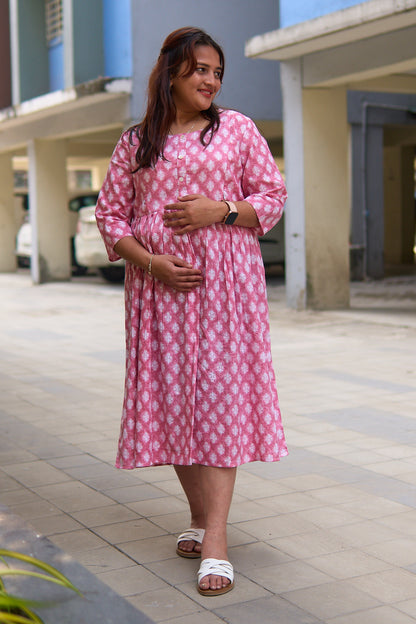 Manika-Pink and white booti cotton katha maternity and nursing kurta