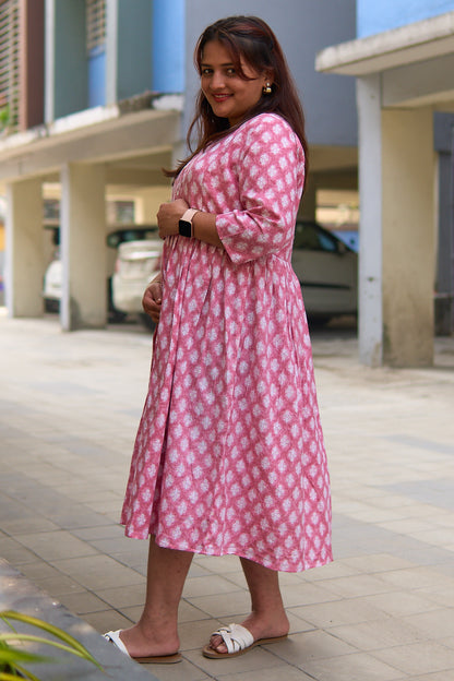 Manika-Pink and white booti cotton katha maternity and nursing kurta