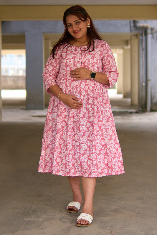 Mira-Pink and white cotton katha maternity and nursing kurta